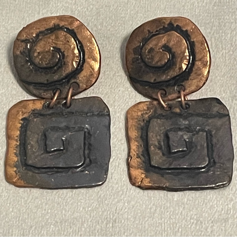 JJ Earrings Brutalist Modernist Oxidized Copper Pierced 1970's